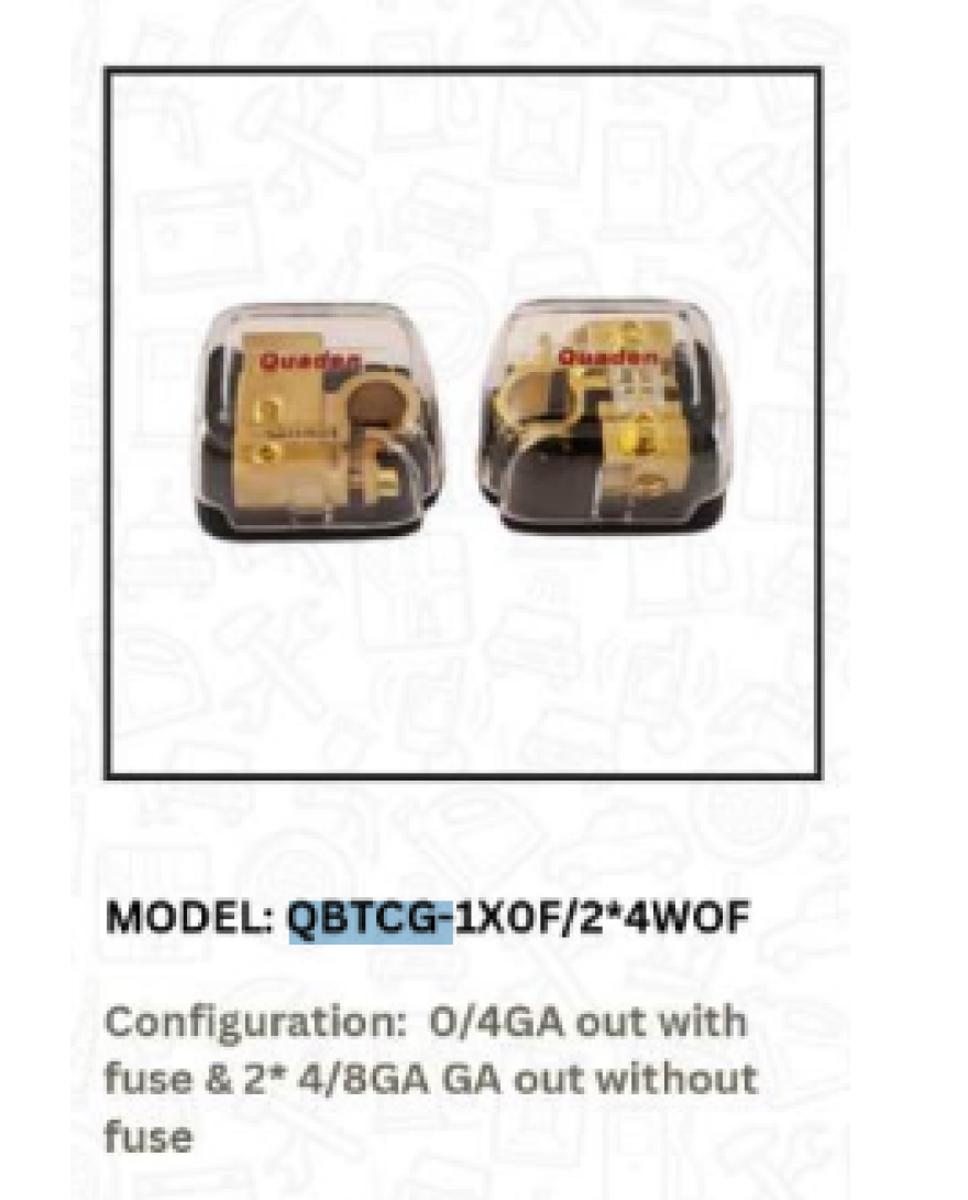QUADEN Battery Terminal - 1*0GA/4GA out with Fuse & 2*4GA/8GA GA out without Fuse / GP / Copper | QBTCG-1x0F/2*4WOF
