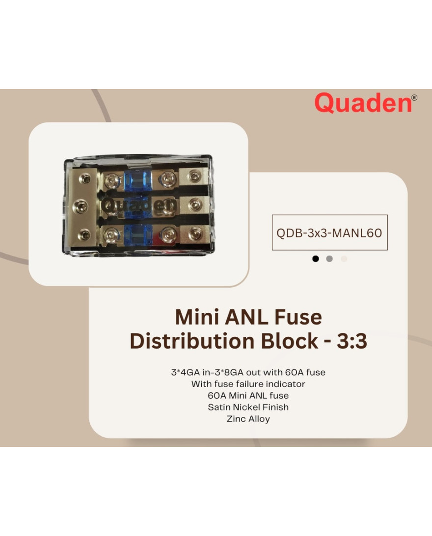 Quaden Distribution Block 3:3 with 60Amp Mini ANL Fuse | Zinc Allow Material | QDB-3x3-MANL60
