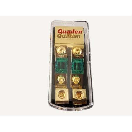 Quaden Copper Distribution Block 1:2 with 60Amp Mini ANL Fuse | Real Gold Plated Finish | QDBCG-1x2-MANL60