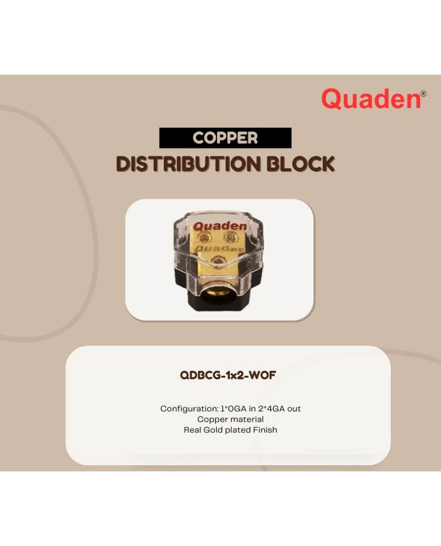 Quaden Copper Distribution Block 1*0GA in x 2*4GA out without Fuse | Real Gold Plated Finish | QDBCG-1x2-WOF