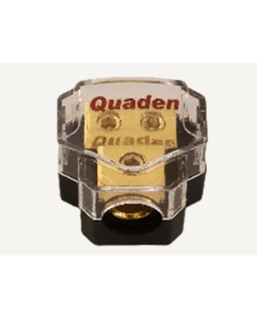 Quaden Copper Distribution Block 1*0GA in x 2*4GA out without Fuse | Real Gold Plated Finish | QDBCG-1x2-WOF