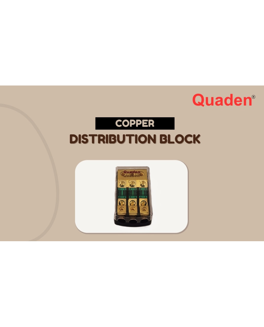Quaden Copper Distribution Block 1:3 with 60Amp Mini ANL Fuse | Real Gold Plated Finish | QDBCG-1x3-MANL60