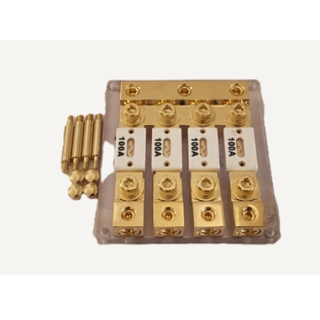 Quaden Distribution block Competition Grade 1*0/4GA in 4*0/4GA out with Ceramic 100A fuse GP Copper | QDBCG-1x4-CR100