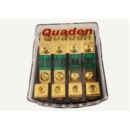 Quaden Copper Distribution Block 1:4 with 60Amp Mini ANL Fuse | Real Gold Plated Finish | QDBCG-1x4-MANL60