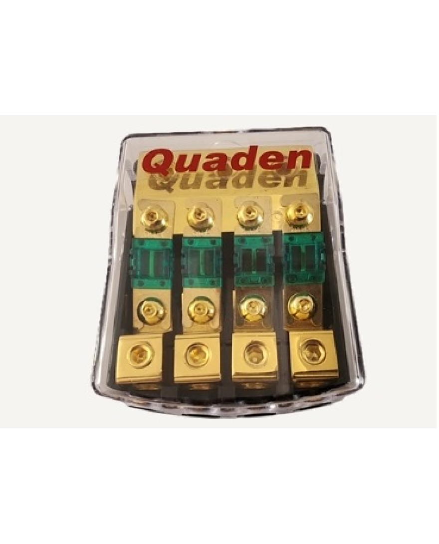 Quaden Copper Distribution Block 1:4 with 60Amp Mini ANL Fuse | Real Gold Plated Finish | QDBCG-1x4-MANL60