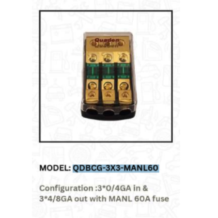 Quaden Copper Distribution Block 3:3 with 60Amp Mini ANL Fuse | Real Gold Plated Finish | QDBCG-3x4-MANL60 Quaden Copper Distribution Block 3:3 with 60Amp Mini ANL Fuse | Real Gold Plated Finish | QDBCG-3x4-MANL60