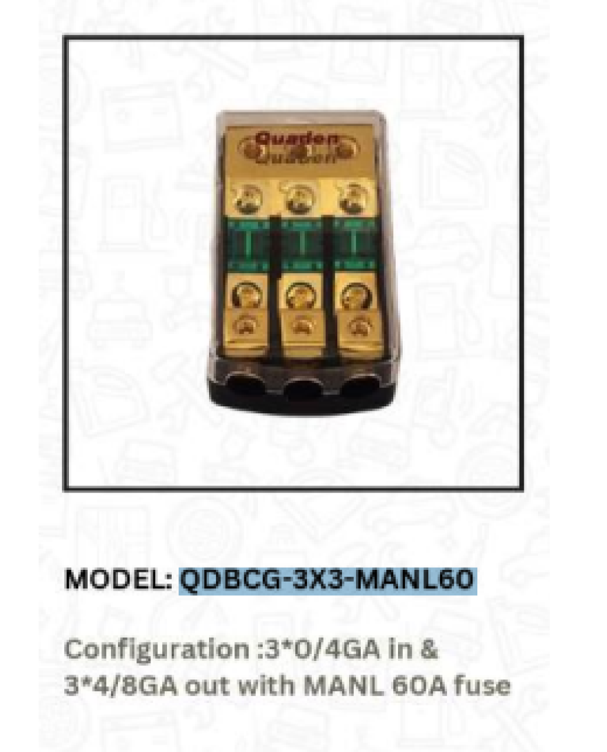 Quaden Copper Distribution Block 3:3 with 60Amp Mini ANL Fuse | Real Gold Plated Finish | QDBCG-3x4-MANL60