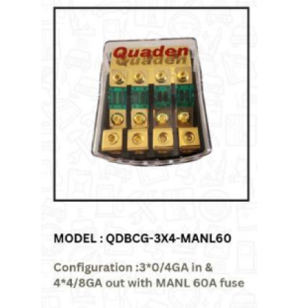 Quaden Copper Distribution Block 3:4 with 60Amp Mini ANL Fuse | Real Gold Plated Finish | QDBCG-3x4-MANL60 Quaden Copper Distribution Block 3:4 with 60Amp Mini ANL Fuse | Real Gold Plated Finish | QDBCG-3x4-MANL60