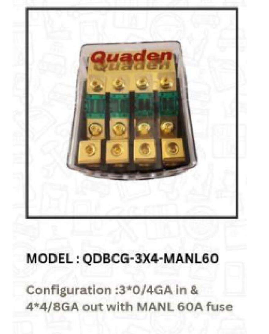 Quaden Copper Distribution Block 3:4 with 60Amp Mini ANL Fuse | Real Gold Plated Finish | QDBCG-3x4-MANL60