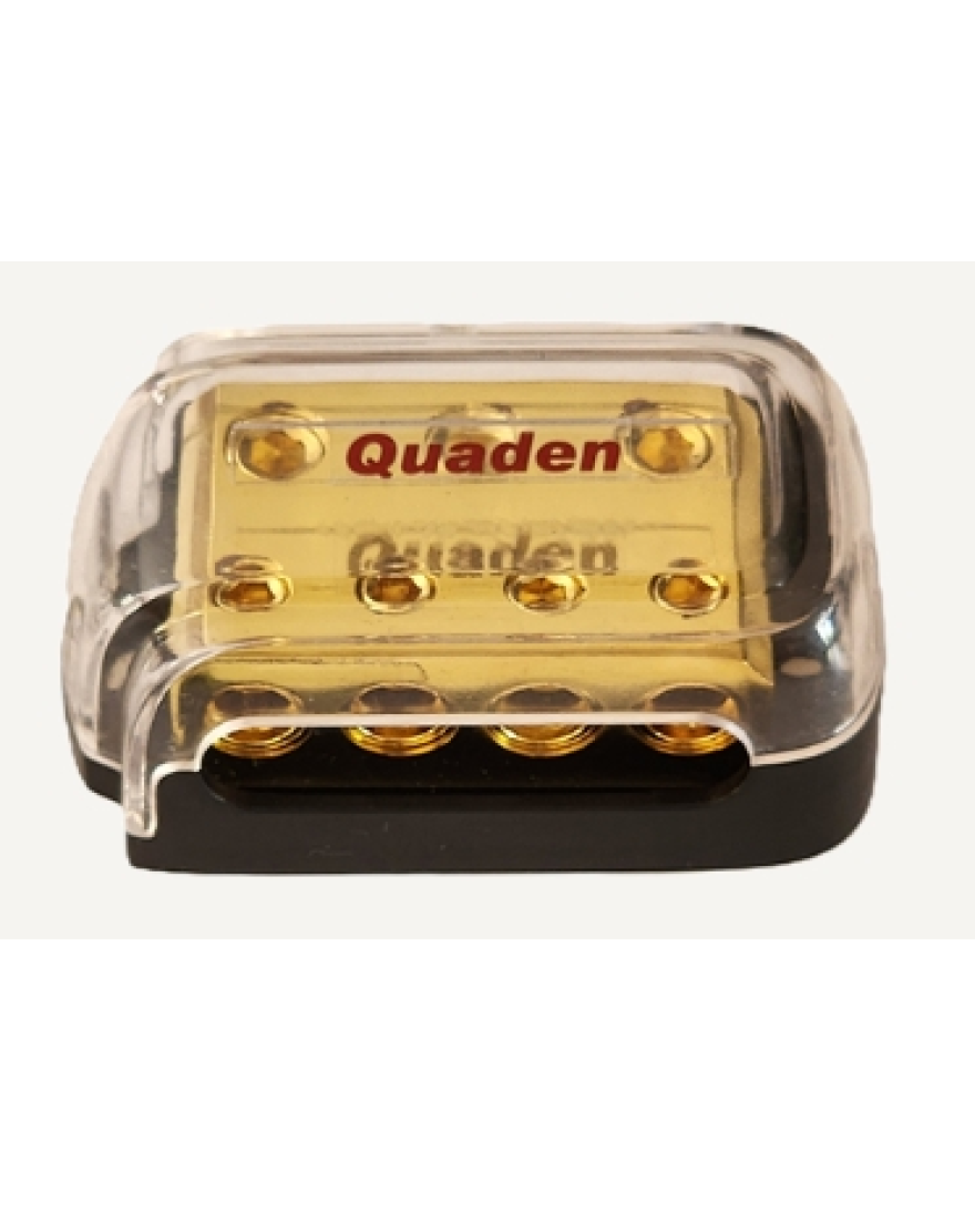 Quaden Copper Distribution Block 3*0/4GA in x 4*4/8GA out without Fuse | Real Gold Plated Finish | QDBCG-1x2-WOF
