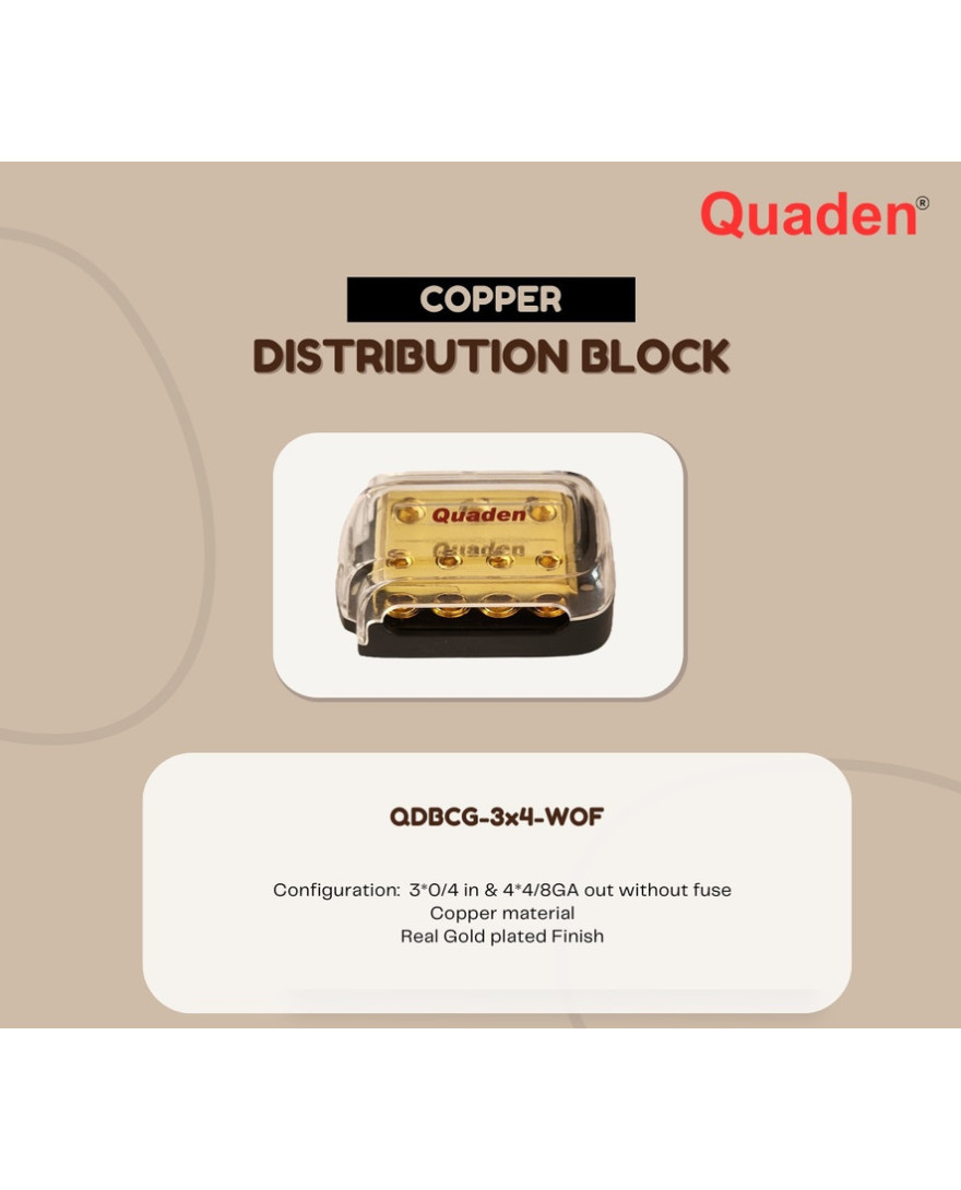 Quaden Copper Distribution Block 3*0/4GA in x 4*4/8GA out without Fuse | Real Gold Plated Finish | QDBCG-1x2-WOF