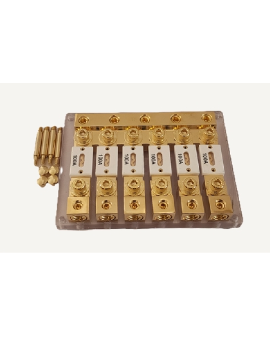 Quaden Distribution block Competition Grade 3*0/4GA in 6*0/4GA out with Ceramic 100A fuse GP Copper | QDBCG-3x6-CR100