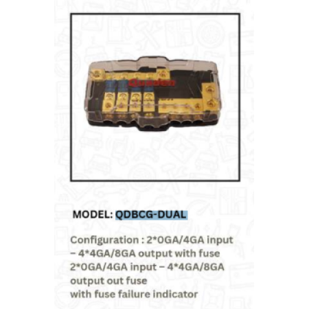 Quaden Distribution Block 2*4GA in x 4*8GA out with 60 amp Minil ANL fuse + 2*4GA in x 4*GAout Fuse With Fuse Failure Indicators | QDBCG-DUAL Quaden Distribution Block 2*4GA in x 4*8GA out with 60 amp Minil ANL fuse + 2*4GA in x 4*GAout Fuse With Fuse Failure Indicators | QDBCG-DUAL