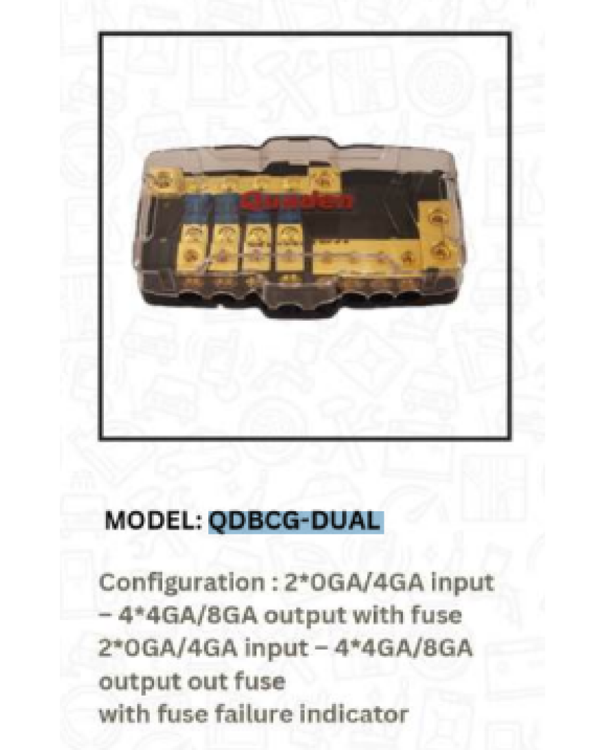 Quaden Distribution Block 2*4GA in x 4*8GA out with 60 amp Minil ANL fuse + 2*4GA in x 4*GAout Fuse With Fuse Failure Indicators | QDBCG-DUAL