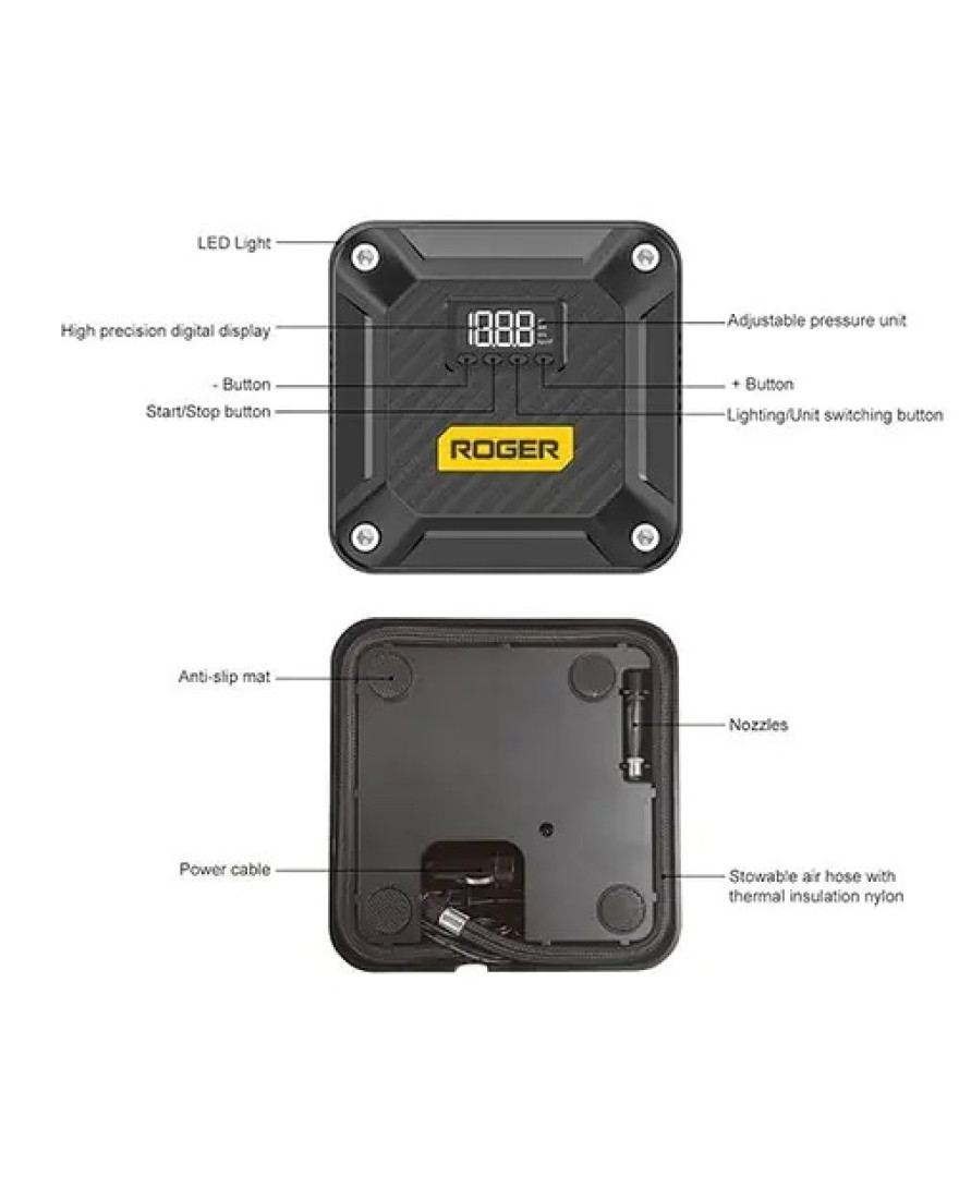 Roger Portable 12V DC Air Compressor Pump with Digital Gauge, Auto Shut-Off & LED Light | Tyre Inflator | OB 285