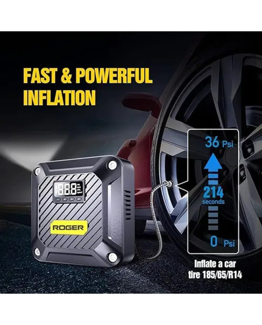 Roger Portable 12V DC Air Compressor Pump with Digital Gauge, Auto Shut-Off & LED Light | Tyre Inflator | OB 285
