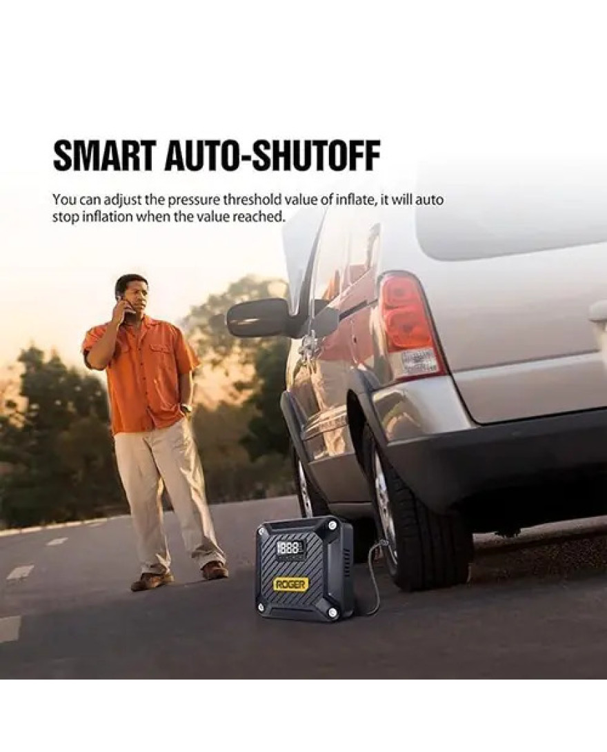 Roger Portable 12V DC Air Compressor Pump with Digital Gauge, Auto Shut-Off & LED Light | Tyre Inflator | OB 285