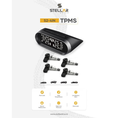 Stellar Digital TMPS Tyre Pressure Monitoring System | Black | Alarm w/4 External Sensors Stellar Digital TMPS Tyre Pressure Monitoring System | Black | Alarm w/4 External Sensors