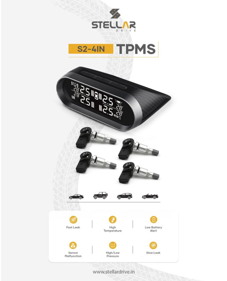 Stellar Digital TMPS Tyre Pressure Monitoring System | Black | Alarm w/4 External Sensors TPMS