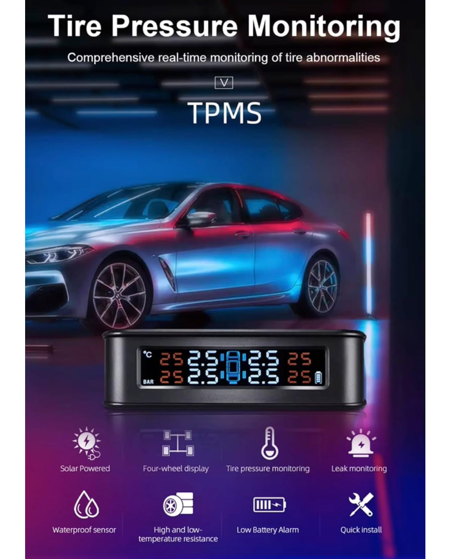 ROGER TPMS SQE285 – Wireless Tire Pressure Monitoring System with 4 Internal Sensors, Solar & USB Charging, LCD Color Display, and Sound Alarm
