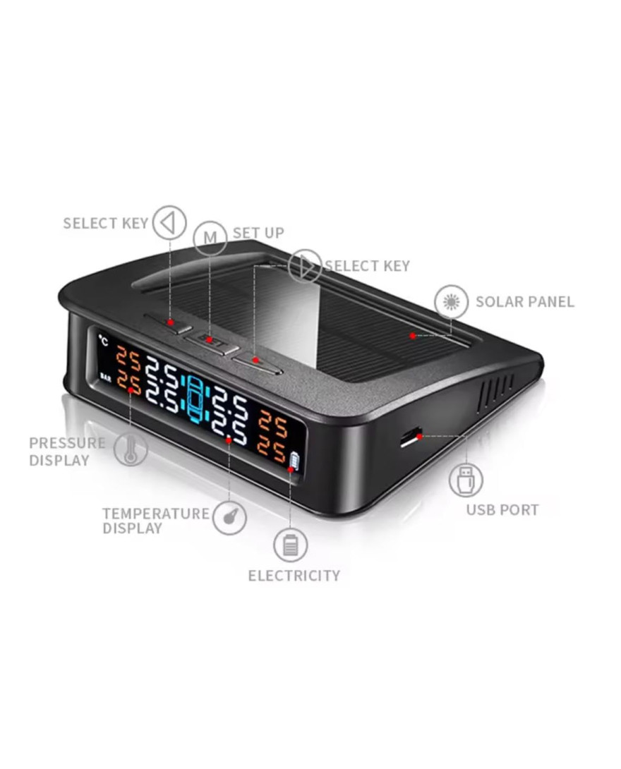 ROGER TPMS SQE285 – Wireless Tire Pressure Monitoring System with 4 Internal Sensors, Solar & USB Charging, LCD Color Display, and Sound Alarm