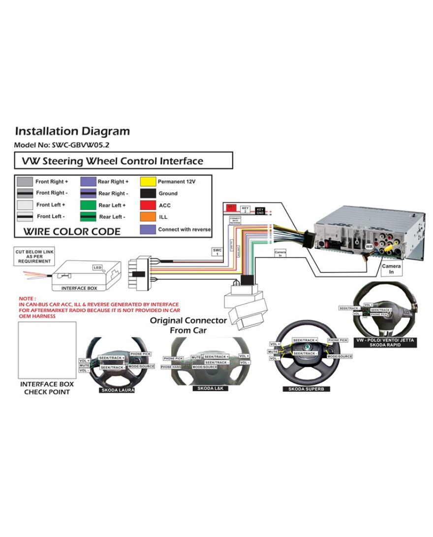 VW (Volkswagen) (ISO) Steering Wheel Control Interface with OEM Camera Retentio