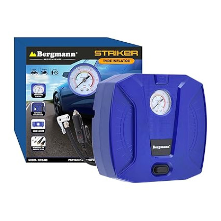 Bergmann Striker Compact & Portable Car And Bike Tyre Inflator | 12V DC, 120W, 100% Copper Motor | High Precision Metal Gauge | Braided Hose | LED Light | Blue