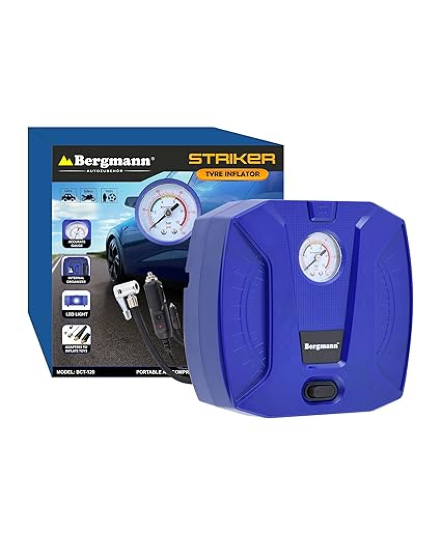 Bergmann Striker Compact & Portable Car And Bike Tyre Inflator | 12V DC, 120W, 100% Copper Motor | High Precision Metal Gauge | Braided Hose | LED Light | Blue