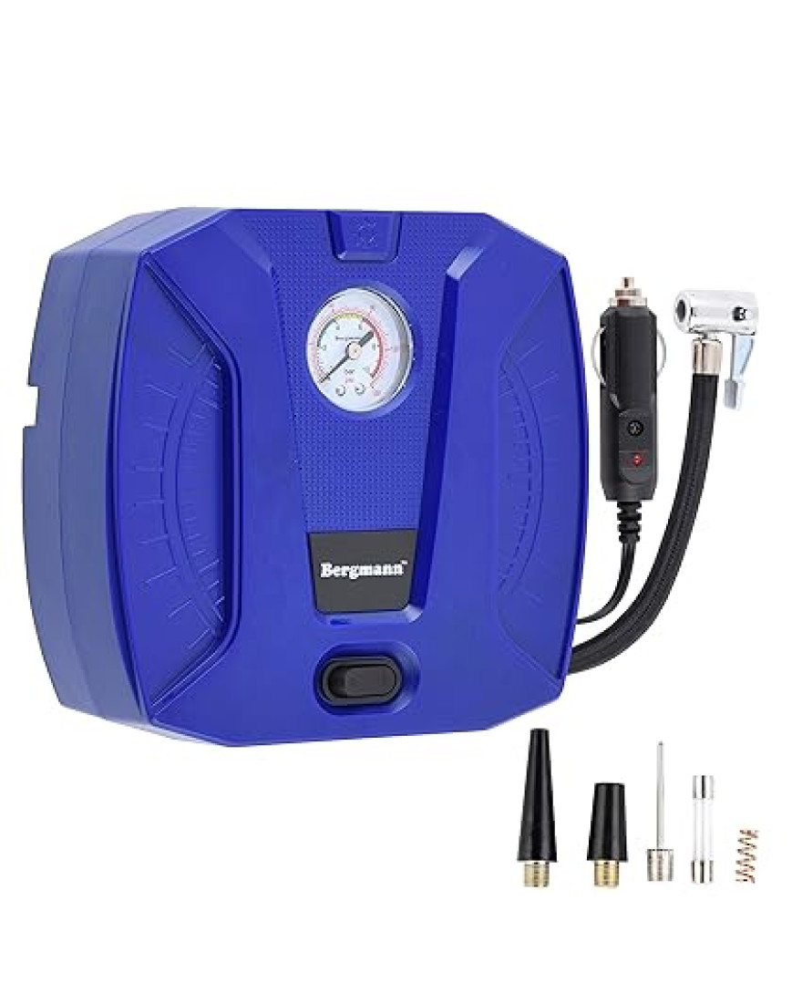 Bergmann Striker Compact & Portable Car And Bike Tyre Inflator | 12V DC, 120W, 100% Copper Motor | High Precision Metal Gauge | Braided Hose | LED Light | Blue