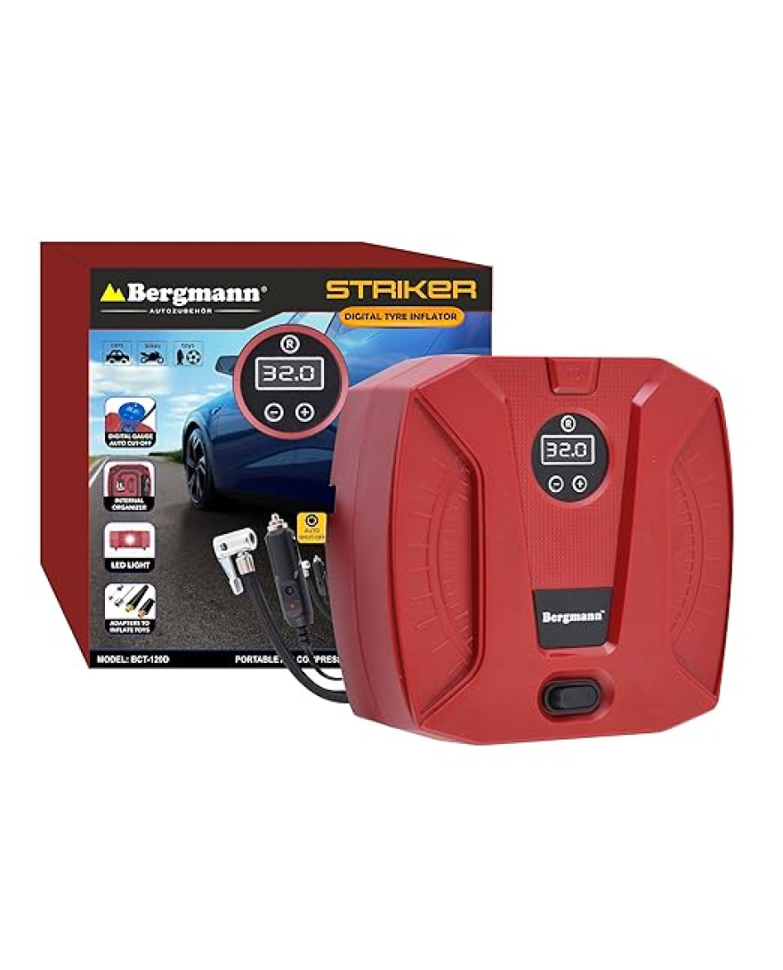 Bergmann Striker Digital Compact And Portable Car And Bike Tyre Inflator | 12V DC, 120W, 100% Copper Motor | Digital Gauge with Preset And Auto Cut Off | Braided Hose | LED Light | Red