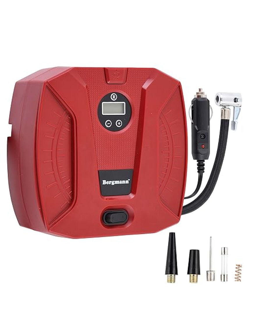 Bergmann Striker Digital Compact And Portable Car And Bike Tyre Inflator | 12V DC, 120W, 100% Copper Motor | Digital Gauge with Preset And Auto Cut Off | Braided Hose | LED Light | Red