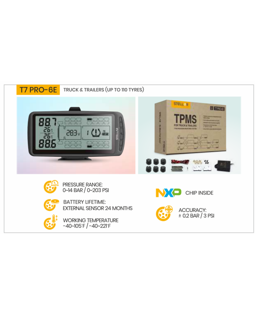 TPMS for Trucks/Trailers with 6 sensors/upto 110 tyres | T7 PRO-6E