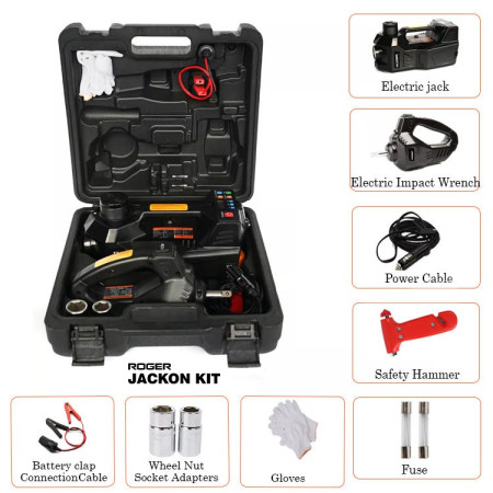 Roger Jackon Kit TN500 – 12V Electric Car Jack + Impact Wrench, Tire Inflator & Remote-Controlled Lifting Kit