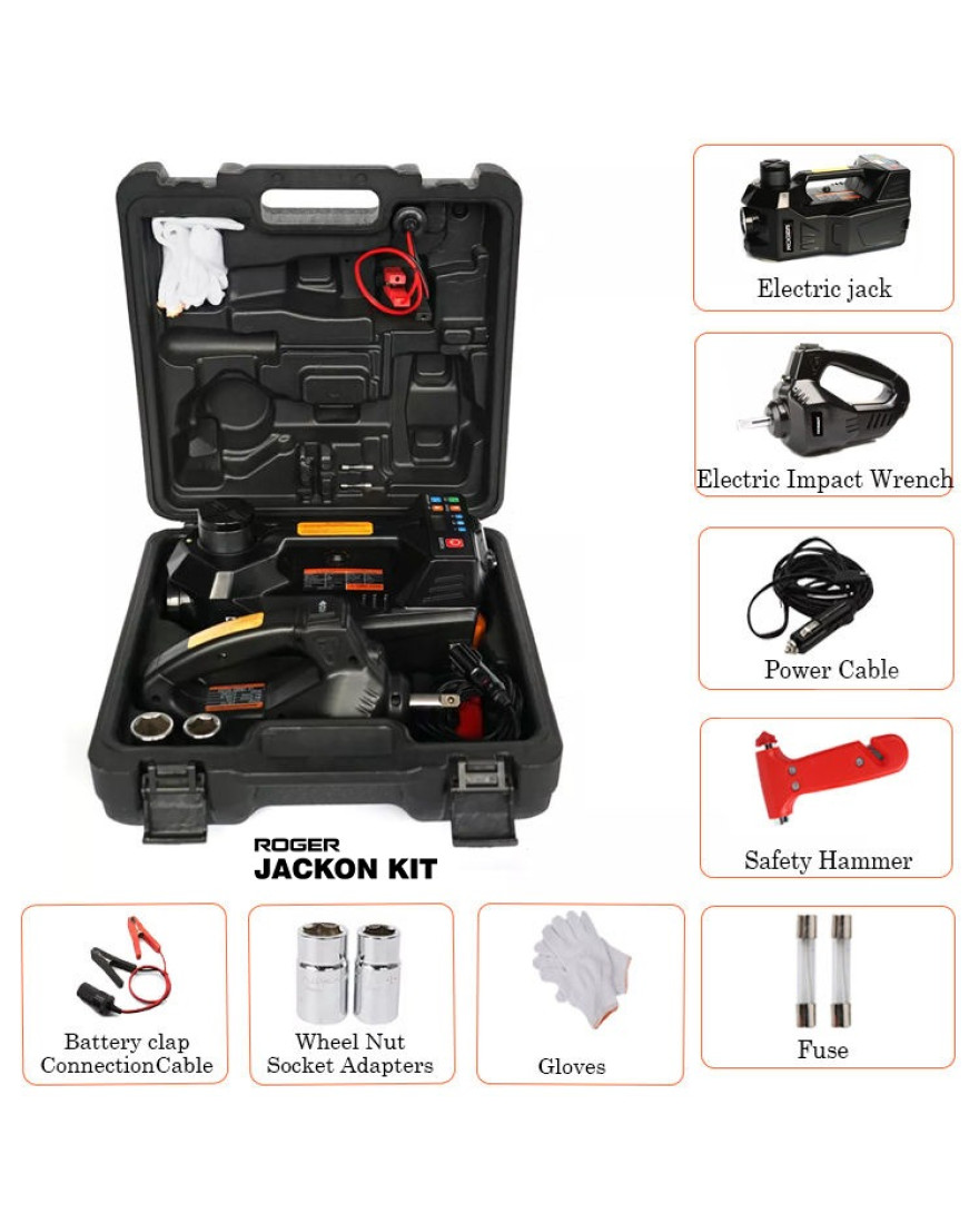 Roger Jackon Kit TN500 – 12V Electric Car Jack + Impact Wrench, Tire Inflator & Remote-Controlled Lifting Kit