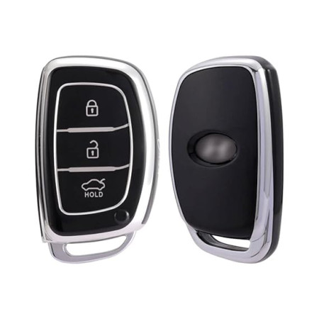 Keycare TPU Key Cover Compatible for: Creta, Grand i10, Xcent, Tucson, Elantra, Elite i20, Active i20, Aura 3 Button Smart Key | Push Button Start Models only | TP07 Silver Black
