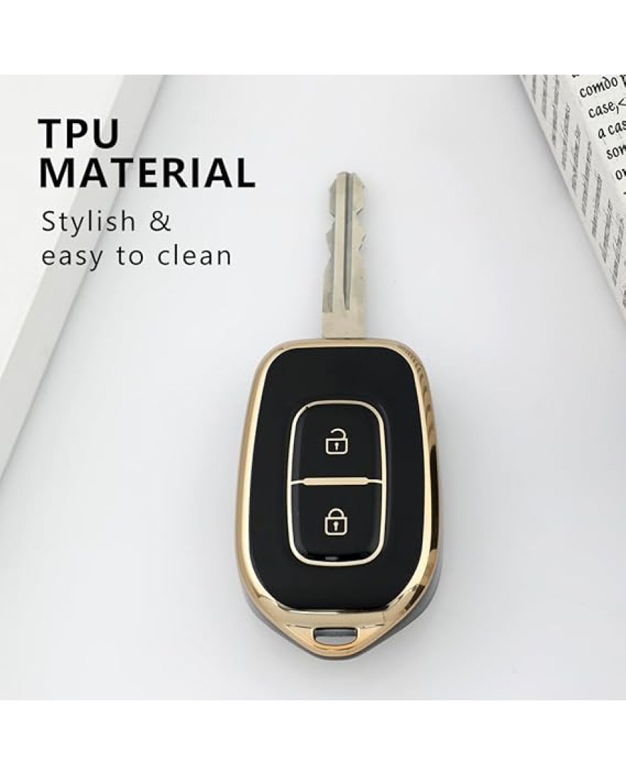 Keyzone TPU car Key Cover Compatible for Renault Kwid Duster Kiger Triber 2 Button Remote Key | TP17 GoldBlack