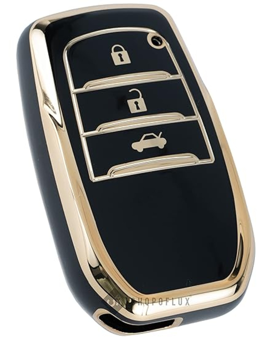 Keyzone TPU key cover for Toyota Fortuner, Legender, Land Cruiser, Suzuki Invicto 3 button smart key | TP18 Gold Black