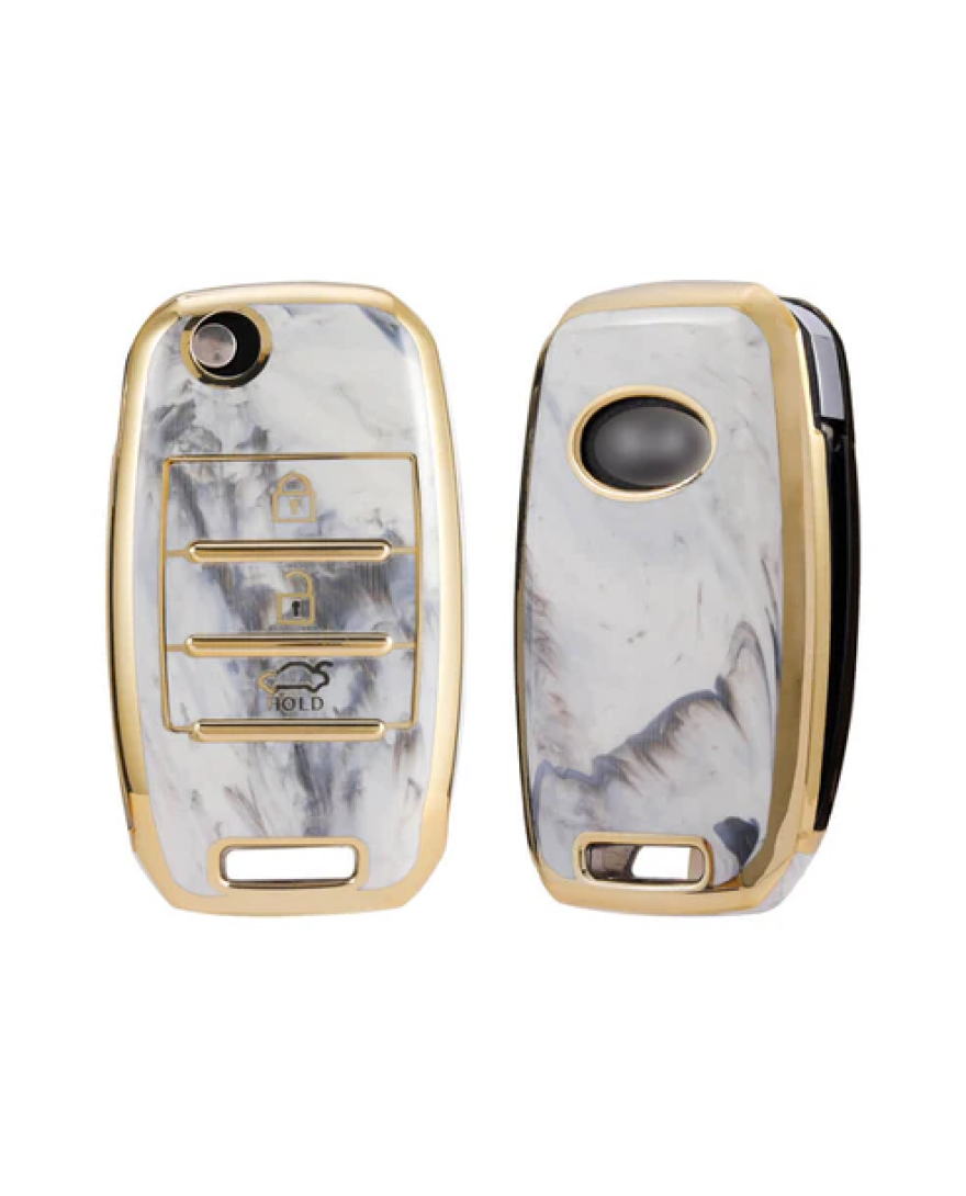 Keycare TPU Key Cover For Kia Seltos, Sonet, Carens 3 Button Flip Key | TP35 Marble Finish