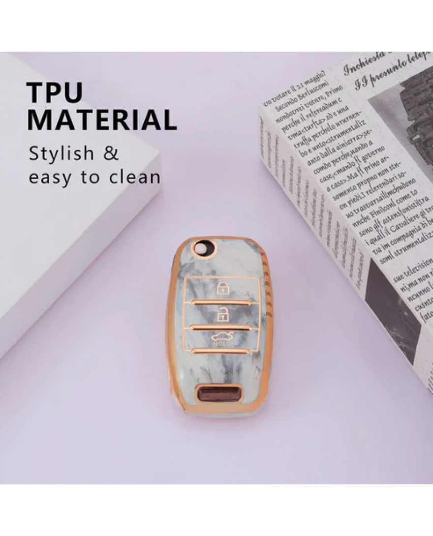 Keycare TPU Key Cover For Kia Seltos, Sonet, Carens 3 Button Flip Key | TP35 Marble Finish