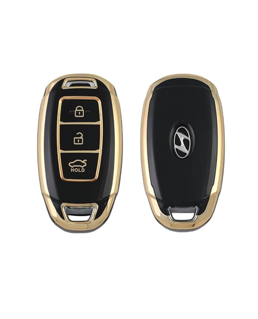 keycare TPU car Key Cover Compatible for Hyundai i20 | Verna | Kona 3 Button Smart Key | Gold Black