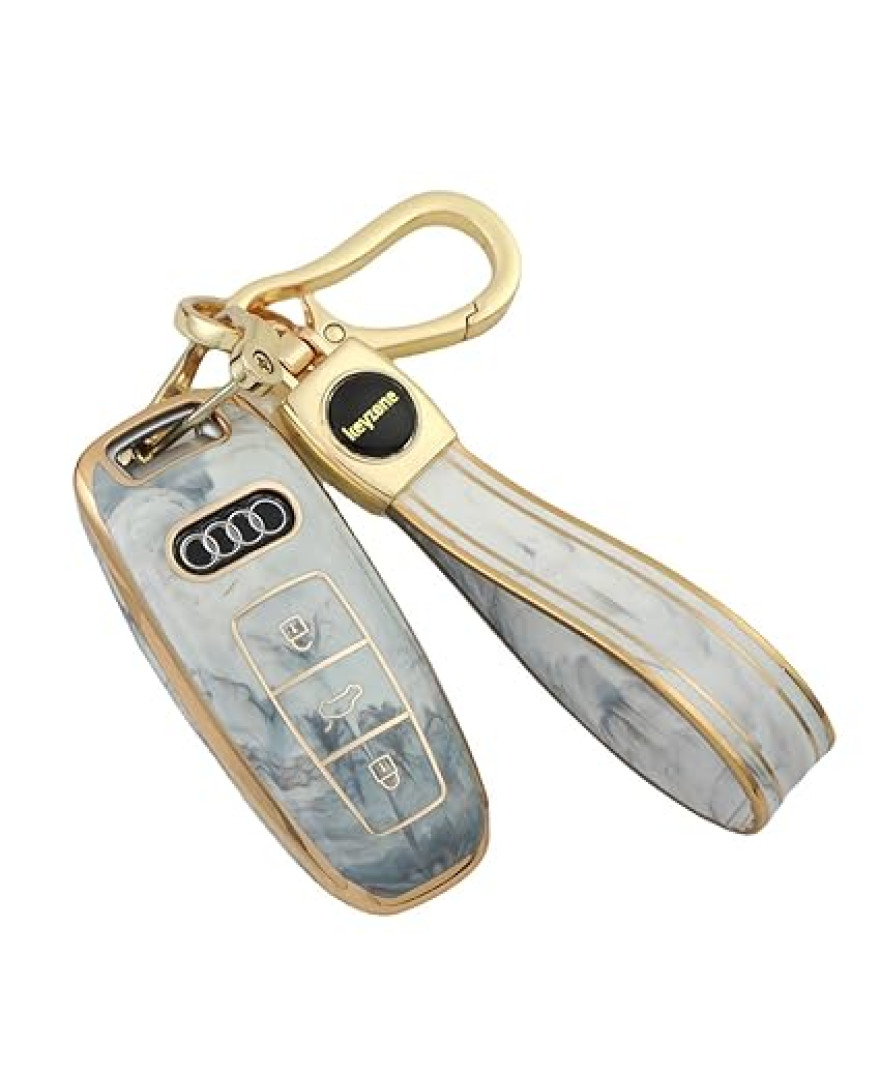 Keyzone TPU key cover and keychain for Audi Q3, A3, Q7, A1 3 button flip key | TP57 Marble Finish