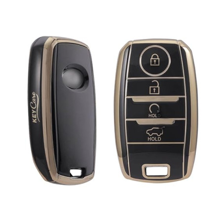 Keycare TPU Key Cover Compatible for Sonet, Carens, Seltos, Seltos X-line 4b Smart Key | Push Button Start Models, Compare Key Shape And Buttons Before Ordering | TP61 Gold Black