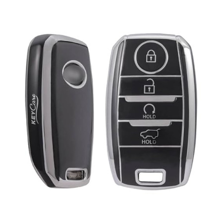Keycare TPU Key Cover Compatible for Sonet, Carens, Seltos, Seltos X-line 4b Smart Key | Push Button Start Models, Compare Key Shape And Buttons Before Ordering | TP61 Silver Black