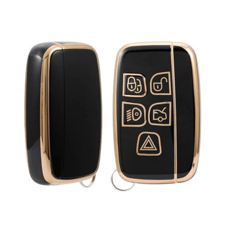 keycare TPU Key Cover and Keychain For Jaguar/Range Rover, Evoque, Velar, Discovery, LR4, Land Rover Sport XF XJ XE F-PACE F-Type 5 Button Smart Key | TP72 GOLD BLACK