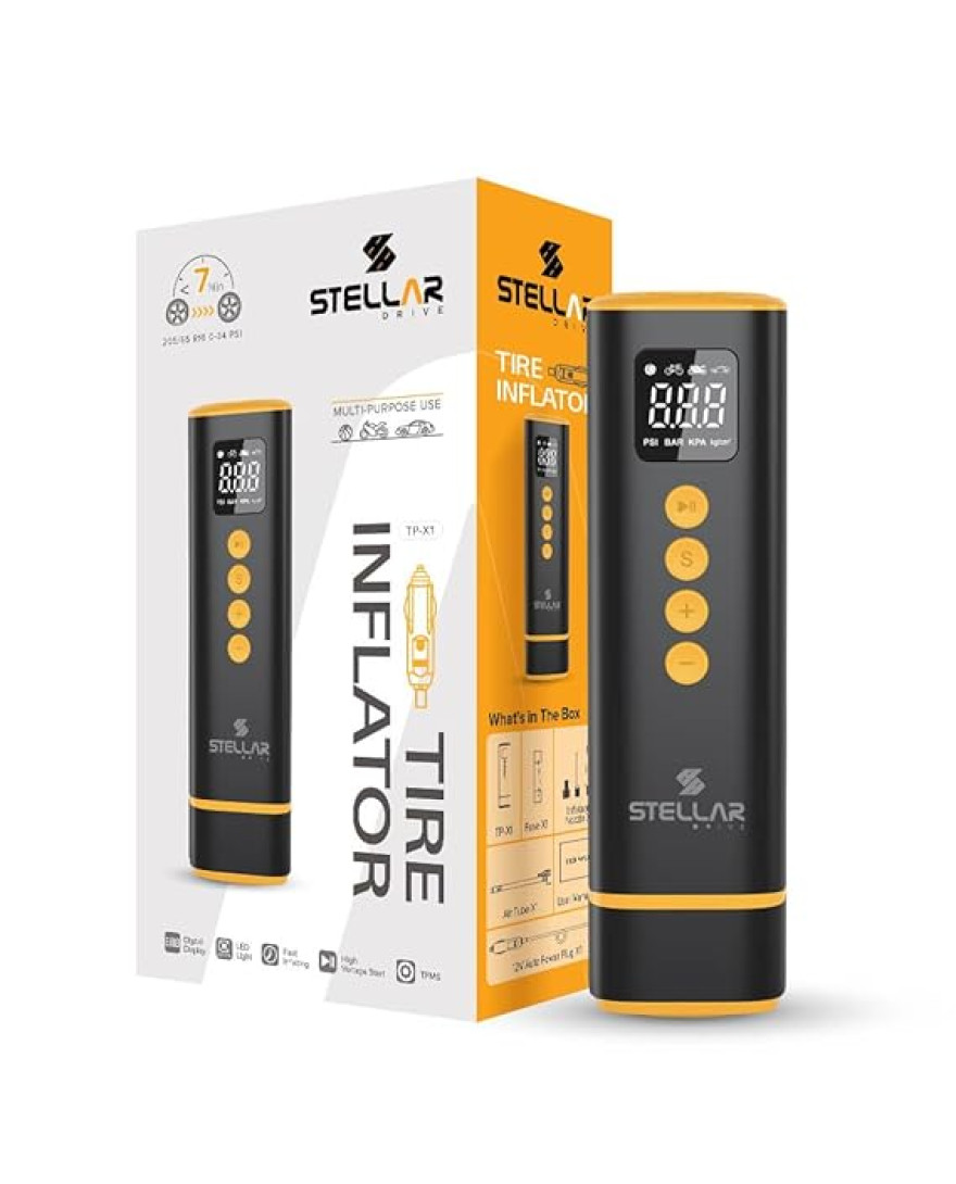 Stellar Drive TP-X1 Mini Car Tyre Inflator for Car & Bike | 150 PSI | Portable Air Pump | 3M Power Cord Tyre inflator | Light Weight, High-Speed Motor | 12V | 15L/min | Low Noise & Vibration