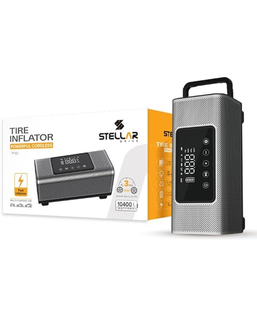Stellar Drive TP-X5 Heavy Duty Car Tyre Inflator -150PSI Air Compressor, 10400mAh Battery, Touchscreen Display, Auto Stop, Car Accessories, Auto Air Pump for Cars, Motorcycle, Bicycles & Other Inflatables