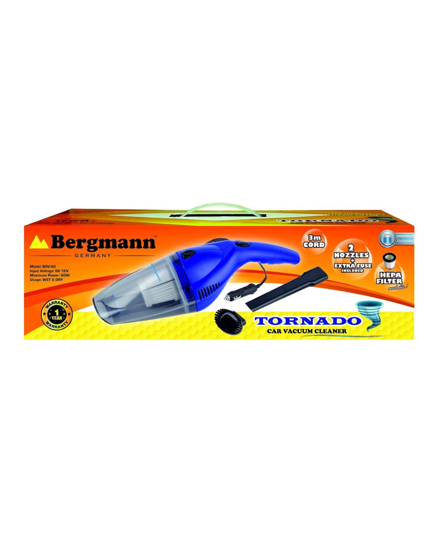 Bergmann Tornado Car Vacuum Cleaner | With HEPA Filter | Sleek Trendy Design | 12V DC, 60W | 3m Power Cord | Blue