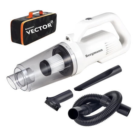 Bergmann Vector Cordless with Corded 2in1 Handheld Car And Home Vacuum Cleaner | 120W | 6000mAH Large Rechargeable Battery | HEPA Filter, 3 Attachments, Travel Bag | White
