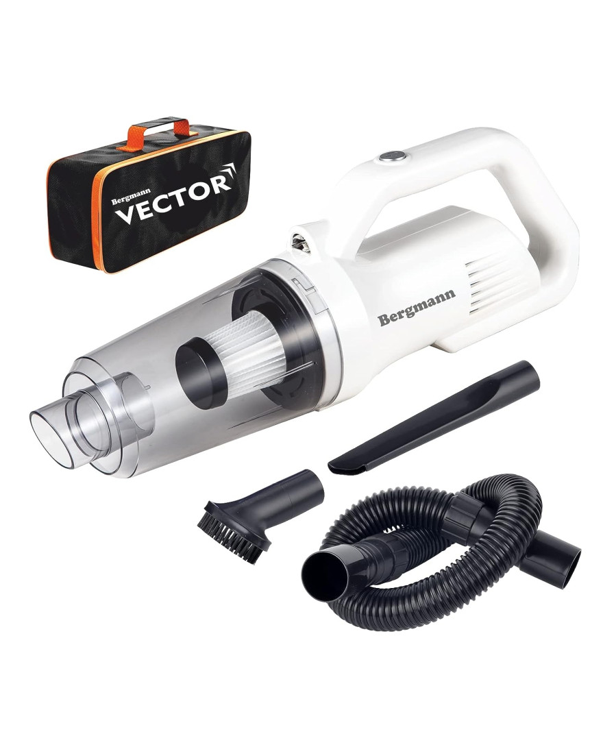 Bergmann Vector Cordless with Corded 2in1 Handheld Car And Home Vacuum Cleaner | 120W | 6000mAH Large Rechargeable Battery | HEPA Filter, 3 Attachments, Travel Bag | White