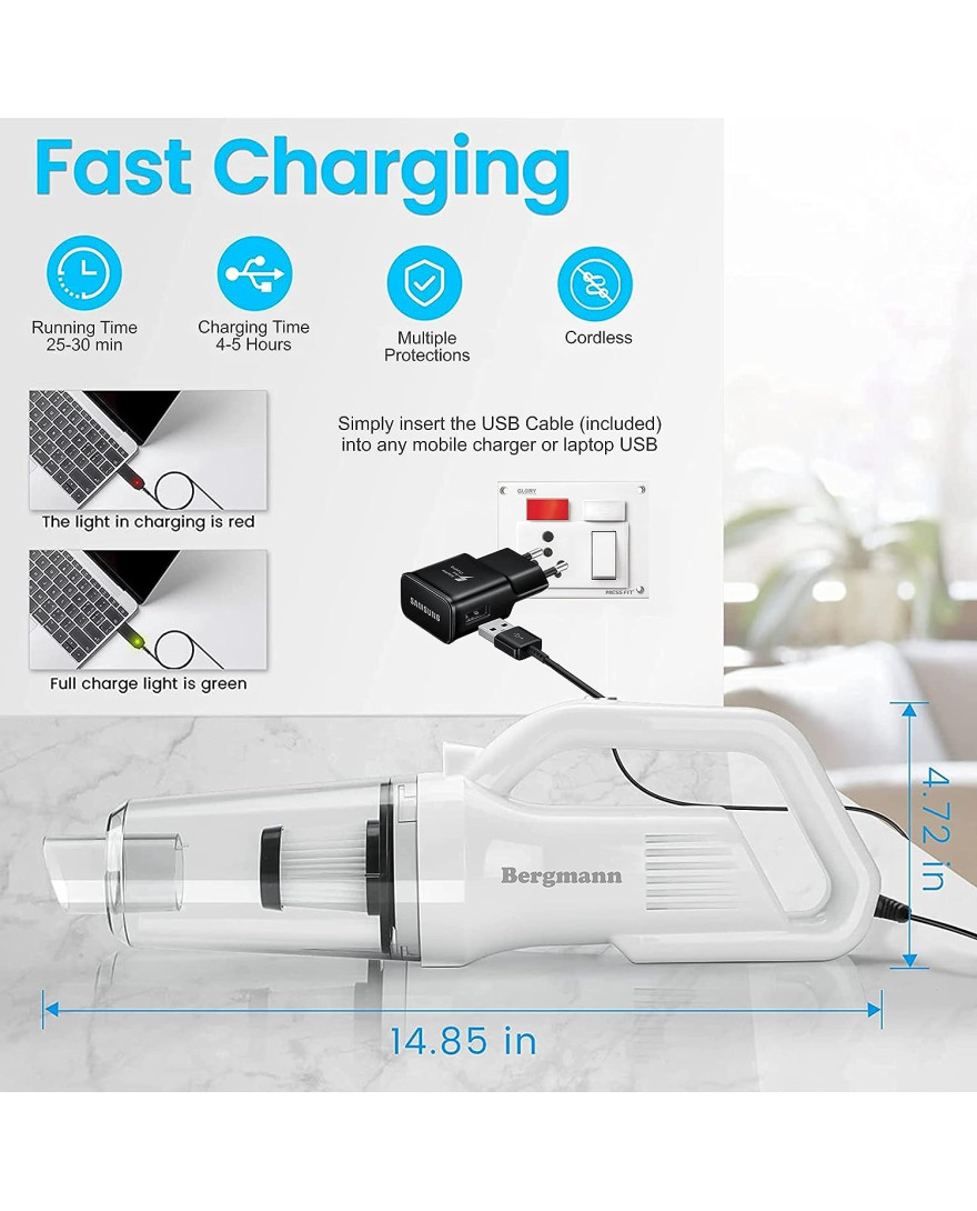 Bergmann Vector Cordless + Corded 2in1 Handheld Car & Home Vacuum Cleaner | 120W | 6000mAH Large Rechargeable Battery | HEPA Filter, 3 Attachments, Travel Bag | White